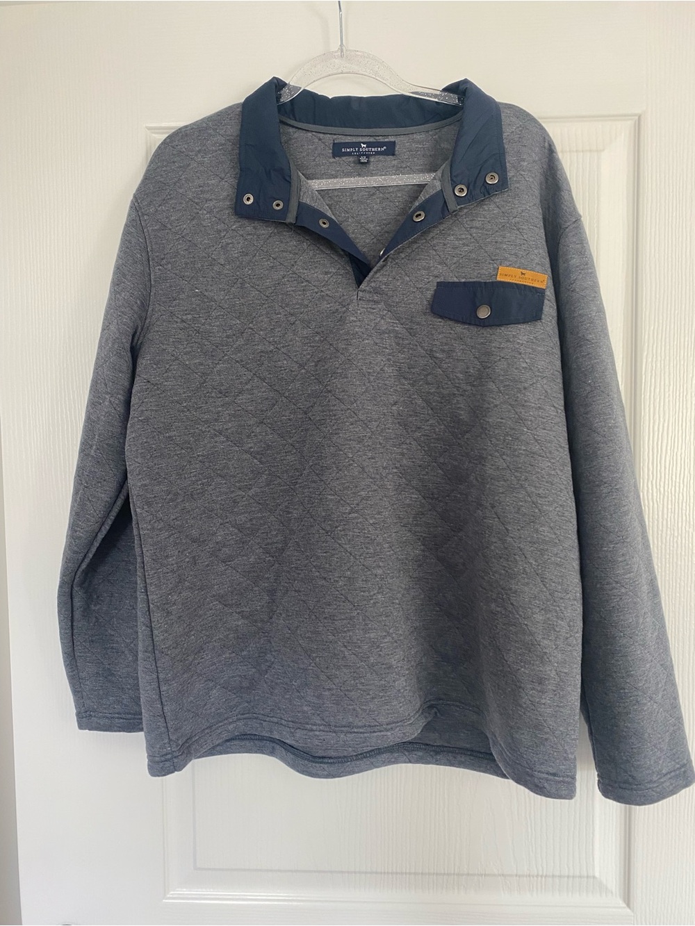 Simply Southern Quilted Pullover Sweatshirt in Gray with Navy Accents